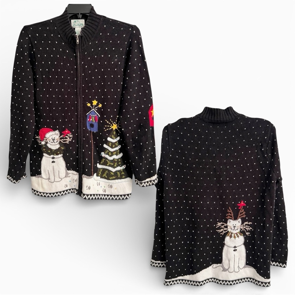 Vintage Quacker Factory Winter Holiday Cat Tree Zippered Cardigan Sweater Medium - Picture 8 of 8